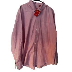 New IZOD Mens Red & White Pinstripes Collared Buttons Down Long Sleeve Shirt XL